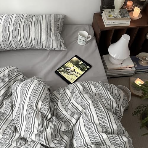 mixinni Washed Cotton Duvet Cover Twin Set - 3 Piece Gray & White Striped Bedding with Pillowcases | Vintage Industrial Style | 100% Cotton Soft Breathable-Twin Size