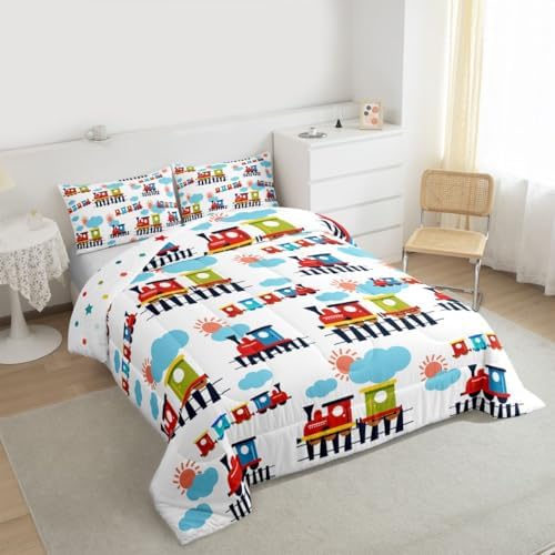Feelyou Cartoon Train Comforter Set Queen Size Cute Transports Car Bedding Set for Kids Boys Girls Retro Steam Engine Duvet Quilt Bedroom Decor Microfiber 3 Pcs with 2 Pillow Cases