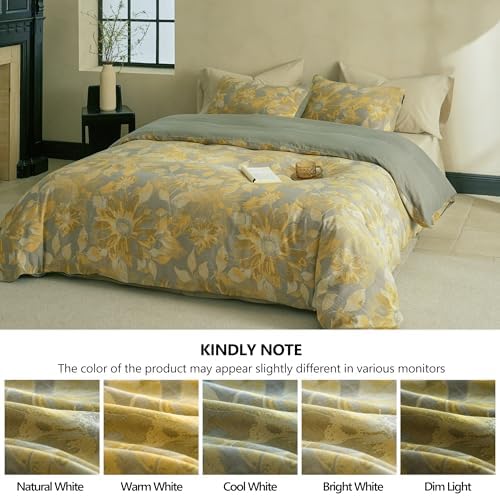 Simple&Opulence Muslin Duvet Cover Set Queen Size, 100% Washed Cotton 3 Pieces Yarn-Dyed Vintage Yellow Floral Jacquard Textured Bedding, Soft & Breathable Gauze Comforter Cover with Zipper Closure
