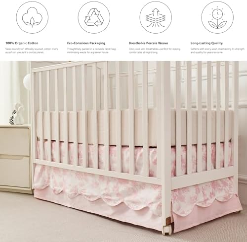 Brandream Scallop Edge Organic Cotton Crib Skirt Girls Toddler Bedskirt Baby Nursery Crib Bed Skirt Double Layer Bohemian French Country Toile with Solid Pink Pleated Dust Ruffle Farmhouse Chic Skirt