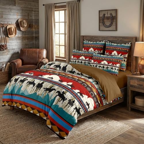 CCoutueChen Kids Full Size Western Bedding Set, Cowboy Horse Comforter Set for Boys, 3 Pieces Red and Blue Aztec Soft Fluffy Microfiber Bed Sets with 2 Pillowcases, 79"x90"