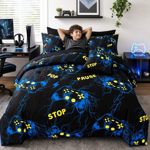 ZRNBAST Twin Size Bedding Set for Boys Blue Gaming Comforter Set 6 Pieces Bed in A Bag Lightning Gamer Bed Set with Sheets Microfiber Game Console Bedroom Decor(Blue,Twin)
