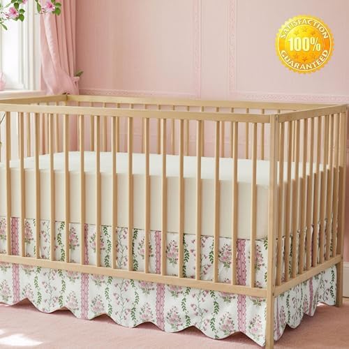 Brandream Scallop Edge Crib Skirt Organic Cotton Toddler Bedskirt Floral Stripes and Vines Baby Nursery Crib Bed Skirt Neutral Vintage Green Pink Floral Bouquet Farmhouse Chic Boho Bohemian Skirt