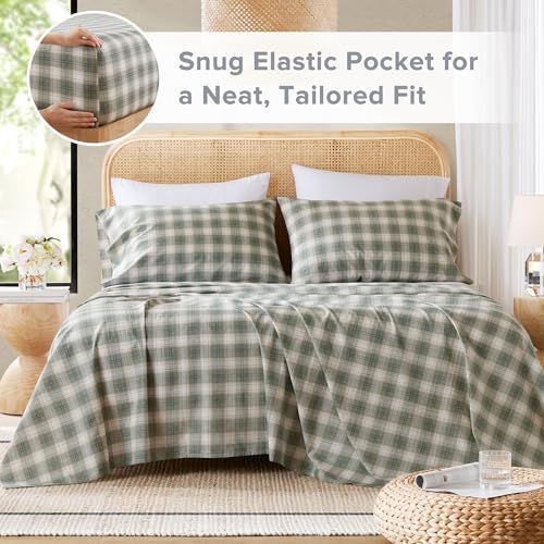 Comfort Spaces 100% Cotton Percale Sheets Cal King Size 4 Pcs, Wesley Green
