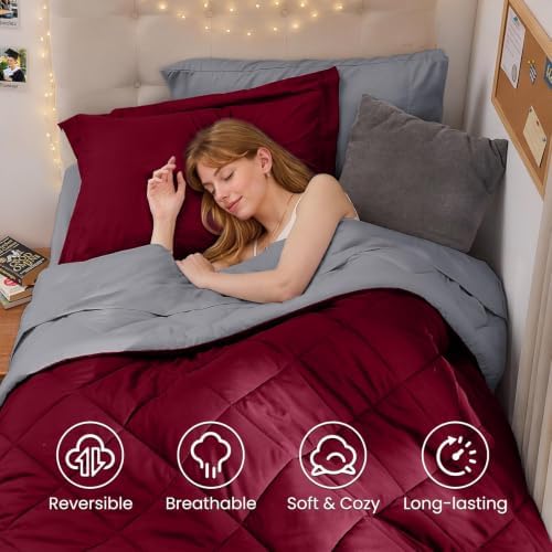 MUXHOMO 5 Pieces Twin XL Comforter Set, Reversible Bed in a Bag Twin XL Size, All Season Bedding Set with Comforter, Flat Sheet, Fitted Sheet, Pillowcases & Shams, Burgundy & Grey