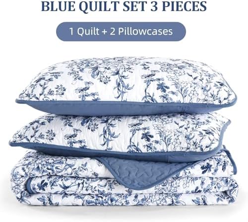 WONGS BEDDING Full Quilt Bedding Set, Blue Botanical Lightweight Bedspread