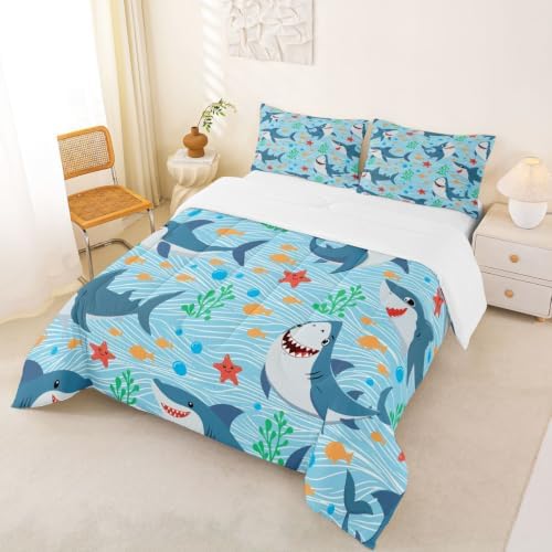 Cute Shark Comforter Set Full Size,Fish Coral Bedding Set 3pcs for Kids Teens Boys Girls Room Decor,Mysterious Under Sea Animals Plants Themed Quilt Set Cartoon Blue Duvet Insert with 2 Pillowcases