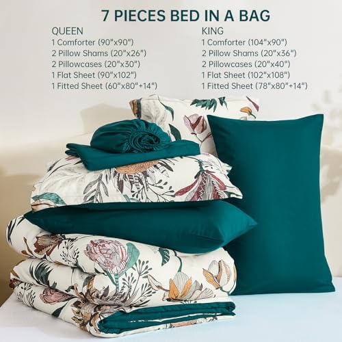 Luxudecor Floral Comforter Set King Bed in a Bag Set,7 Pieces Beige Floral Comforter and Sheet Set,Soft Microfiber Bedding Sets for All Seasons (Beige,104"X90")