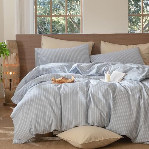 MooMee Striped Duvet Cover Set 100% Washed Cotton Linen Like King