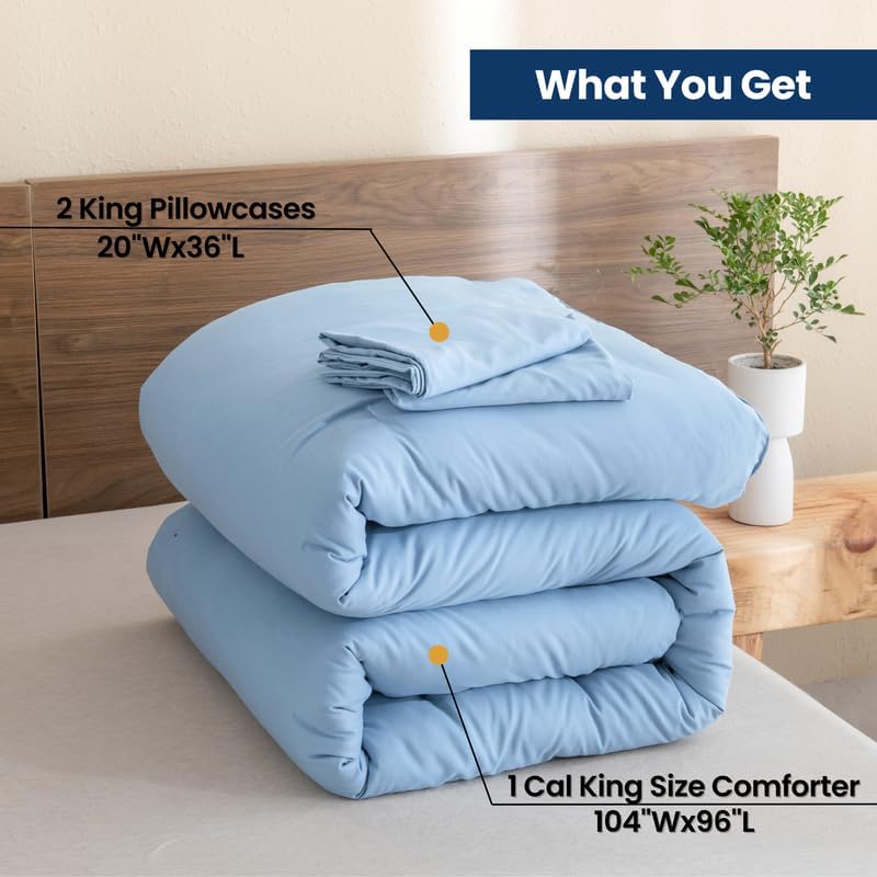 Paxrac Dusty Blue California King Comforter Set, 3 Pieces Lightweight Solid Bedding Set, Soft Fluffy Comforter, All Season Cal King Bed Set (104"x96" Comforter & 2 Pillowcases)