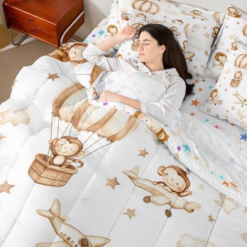 Erosebridal Kids Airplane 7 Pcs Bedding Set Queen, Cartoon Aircraft Comforter Set with Sheets, Hot Air Balloon Star Cloud Bed in A Bag, Cute Monkey Lion Wildlife Bed Sets for Boys Girls Adults