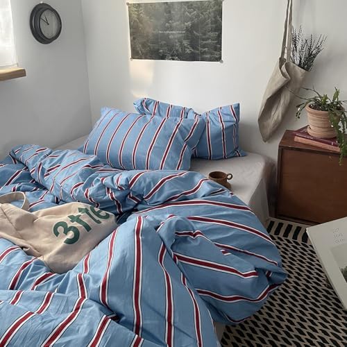 mixinni Vintage Striped Blue Duvet Cover King - 100% Cotton Red Stripes 3-Piece Bedding Duvet Cover Set with Zipper Closure, Soft & Breathable Retro Design for All Seasons (King Size)