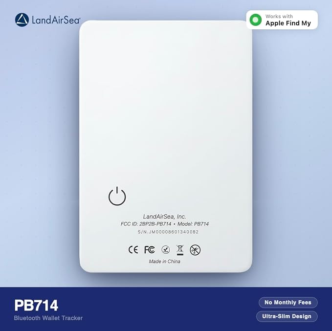 LandAirSea PB714 – Ultra-Slim Apple Find My Wallet Tracker with Secure Adhesive, No Monthly Fee Bluetooth Item Locator for Wallets, Passports & Luggage