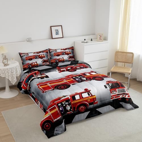 Manfei Fire Truck Comforter Set Twin Size Red Fire Engine Duvet Insert Cartoon Firemen Car Vehicle Bedding Set 2pcs for Kids Boys Teens Firefighter Transportation Dowm Comforter with 1 Pillowcase