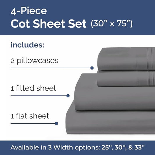 Cot Sheet Set 30” x 75” – 4 Piece Cot Size Narrow Twin Mattress Sheets – Ideal for Camper Bunk, RVs, Bunks, Day Care & Camping - Fits 6” to 10” Mattress, Ultra-Soft, Breathable & Cooling - Dark Grey