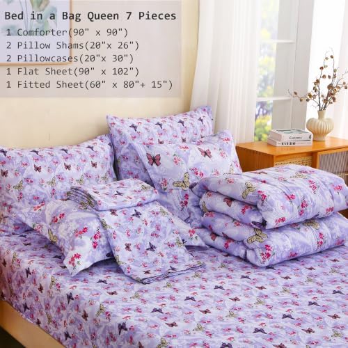 lasoftan Floral Queen Comforter Set with Sheets, 7 piece Luxury Vintage Bedding, Soft Microfiber Bed in a Bag, Cozy Lightweight Bed Set, Lavender Butterfly