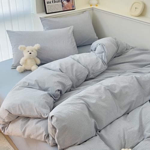 mixinni Striped Duvet Cover Set- 100% Washed Cotton Blue Comforter Cover with White Pinstripe Stripes Pattern Printed Bedding Set with Zipper Closure, 3 Pieces, Twin XLSize