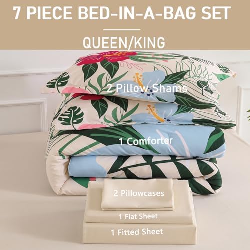 Yogeneg 7 Piece Bed in a Bag Queen Size Comforter Set Beige Bedding Set,Pink Floral Green Leaves Pattern Reversible Design,Soft Microfiber Comforter with Sheet Set,All Season(Beige,Queen)