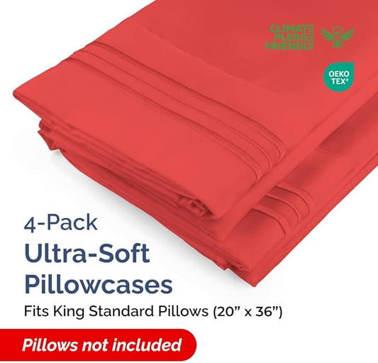King Standard Pillow Cases Set of 4 - Soft Hotel Quality Pillowcase Covers - Comfy. Cozy Bedding for Women, Men, Kids & Teens - Machine Washable Pillow Protectors - 4 Piece - King Standard Size Red