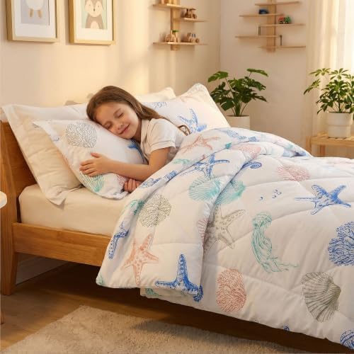 JSD Beach Theme Kids Queen Comforter Set, Jellyfish Starfish Shell Pattern
