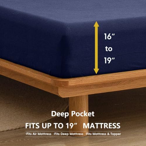 BESTOUCH Sheet Set 100% Washed Cotton Linen Feel Super Soft Comfortable Chic Lightweight 4 Pcs Home Bedding Set Solid Navy Blue Queen
