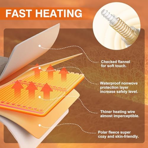 Heated Blanket Full 72" x 84", Checked Electric Blanket, Khaki