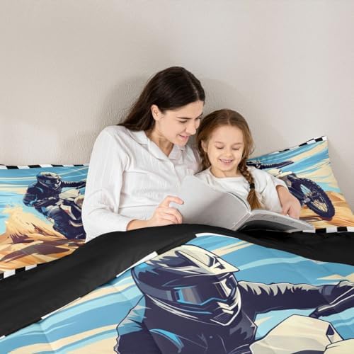 Feelyou Desert Motocross Rider Bedding Set Soft for Boys Girls,Dark Gear Dirt Bike Comforter Set King Sand Track Design Duvet Quilt Checkered Flag Off-Road Racing Design 3 Pcs with 2 Pillow Cases