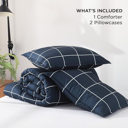 Andency Queen Comforter Sets Navy, Gingham Plaid Grid Checkered Bedding Set