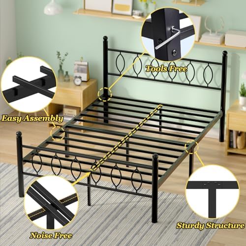 Full Size Bed Frame with Headboard, 14 Inch Classic Metal Platform Bed Frame, Under Bed Storage, No Box Spring Needed, Easy Assembly, Black