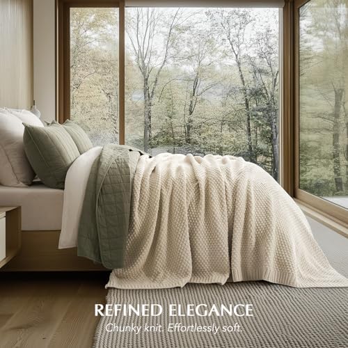 EVERGRACEHOME Chunky Chenille Knit Throw Blanket, 90 x 90, Beige
