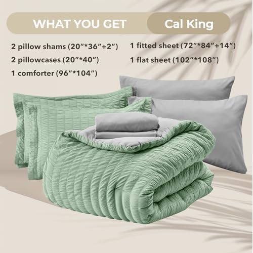 HYMOKEGE Sage Green/Light Grey California King Comforter Set Seersucker 7 Pieces, All Season Luxury Bed in a Bag for Bedroom, Bedding Set with Comforter, Sheets, Pillowcases & Shams