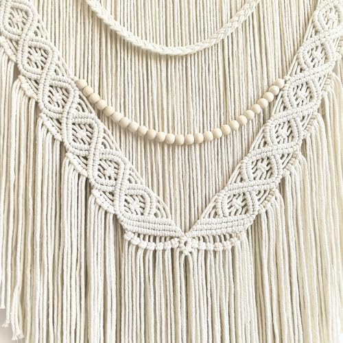 guzhiou Large Macrame Wall Hanging, 27'' W x 36'' L Boho Art Tapestry Wall Decor for Urban entryway,Living Room,Bedroom Decor, headboard Woven, Big Fiber Art Over Couch (Wood Bead)