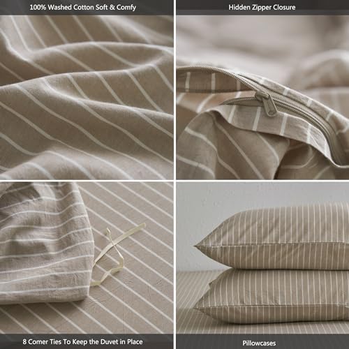 MooMee Striped Duvet Cover Set 100% Washed Cotton Linen Like Cal King