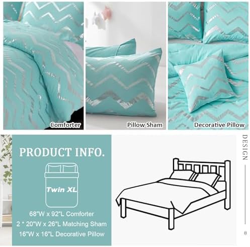 Menghomeus Aqua/Silver 3 Piece Comforter Set Twin XL Size Bed Sets for Kids