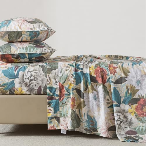 FADFAY Full Sheet Set, 100% Cotton Sateen Soft Breathable, Luxury Vintage Floral Bed Sheets, Elegant Large Peony & Botanical Print, Classic Garden Style Bedding, Deep Pocket Fitted Sheet, 4 Pieces