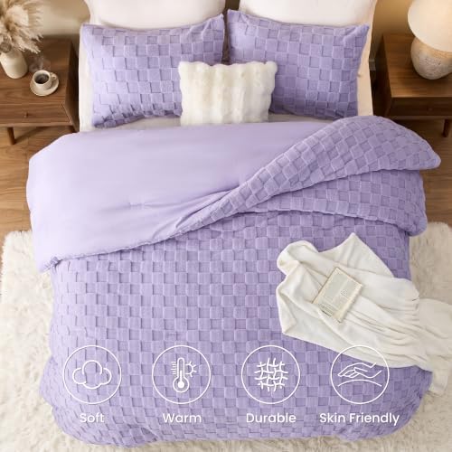 Love's cabin Fleece King Comforter Set, Fluffy Reversible Bedding, Lavender