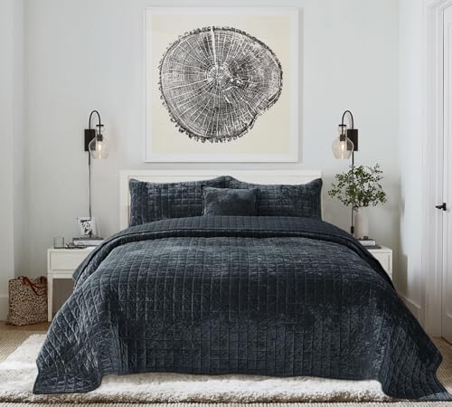 Quilt Set Queen Size 90x98 Luxurious Velvet Bedding Sets with 2 Pillow Shams 20x26 3 Pieces Ultra Soft Quilted Bedspread Coverlet Comforter for All Season,Grey Blue