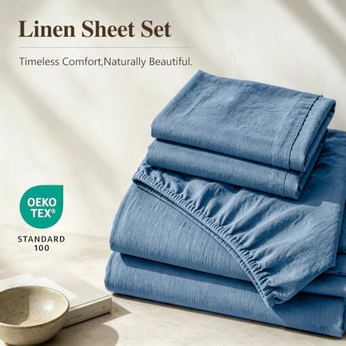 MEISHANG 100% French Linen Sheets King,4 Pcs,18-24" Extra Deep Pocket