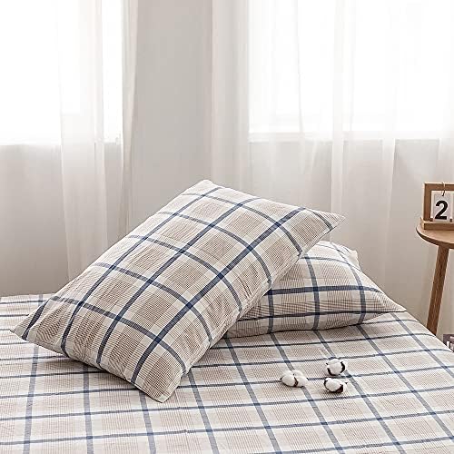 FACE TWO FACE Bedding Duvet Cover Set 3 Pieces 100% Washed Cotton Duvet Cover Linen Like Textured Breathable Durable Soft Comfy(King, Blue Grid)