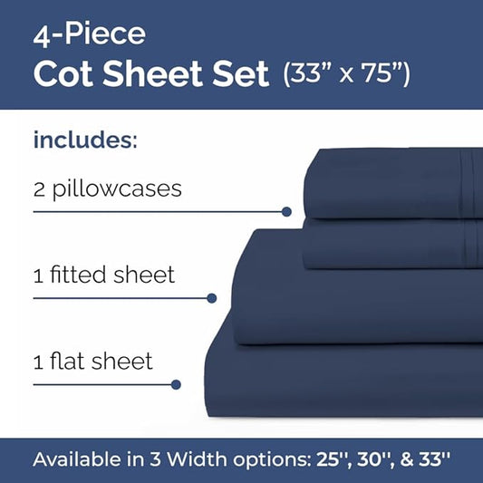 Cot Sheet Set 33” x 75” – 4 Piece Cot Size Twin Mattress Sheets – Ideal for Camper Bunk, RVs, Bunks, Day Care, Camping & Guest Beds - Fits 6” to 10” Mattress - Comdy, Breathable & Cooling - Navy Blue