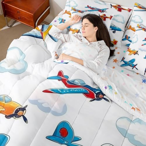 Erosebridal Colorful Aircraft Comforter Set with Sheets King Size, Cartoon Propeller Plane Airplane 7 Pcs Bedding Set, Aviation Theme Bed in A Bag for Boys Kids Girls Adults, White Cloud Bed Sets