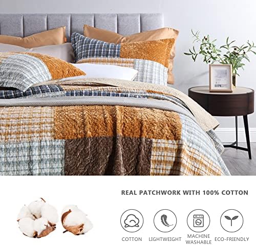 Secgo Quilt King Size - 100% Cotton Bedding Set (98 * 106 Inch) with 2 Pillow Shams, Patchwork Reversible Lightweight Bedspread, Quilted Coverlet Fit All-Season
