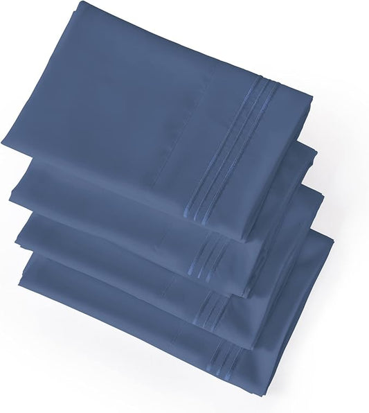 YIYEA King Pillow Cases Set of 4, Ultra Soft 1800TC Hotel Quality Double Brushed Microfiber Embroidered Pillowcases, Envelope Closure, Fade Resistant (20"x36", Denim)