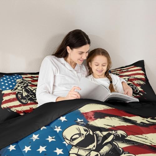 Feelyou Motocross Comforter Set Full American Flag Pattern Bedding Set
