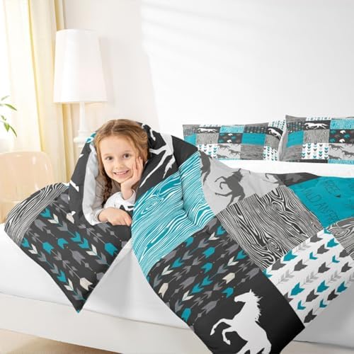 Horse Comforter Set Queen Size Patchwork Teal Unicorn Bedding Set For Kids Boys Girls Black Gray Wild Horses Wood Grain Down Comforter Geometric Lattice Arrow Grid Animal Room Decor Duvet Set