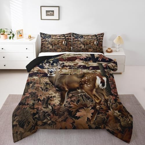 Feelyou Cute Deer Comforter Set Full Size for Girls Boys Kids Deer Hunting Bedding Set Room Decor American Flag Camo Bedding Set Cabin Deer Brown Duvet Set 3Pcs Quilt Set