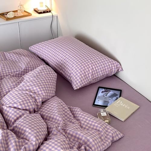 mixinni Purple Gingham Comforter Set Full, Plaid Comforter Set 3 Pieces 1 Purple Grid Comfoter with 2 Pillow Cases for All Seasons, Soft Fluffy Modern Grid Pattern Printed Bedding-Full Size