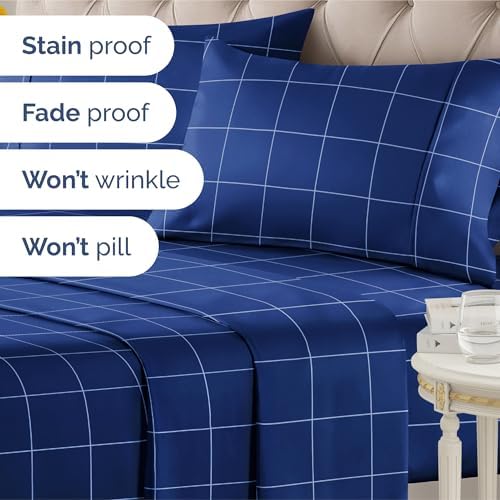 Queen 4 Piece Striped Sheet Set - Soft, Breathable & Cooling - Blue Grid