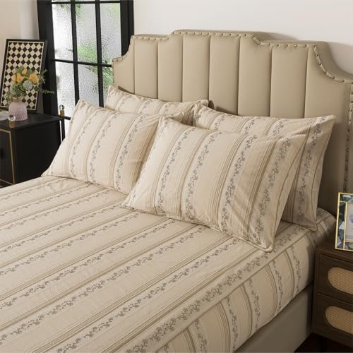 FADFAY 100% Cotton Queen Bed Sheet Set 4-Piece, Woven Jacquard Floral, Soft & Breathable, Mud Gold, Deep Pocket Fitted Sheet, Envelope Pillowcase, Luxury Farmhouse & Cottagecore Bedding