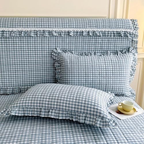 LifeTB Twin XL Comforter Set Blue Gingham Comforter with 2 Pillowcases Ruffle Plaid Grid Pattern Comforter Set for Men Boys Fluffy Soft Lightweight Bedding Boho Plaid Checkered Comforter Twin XL
